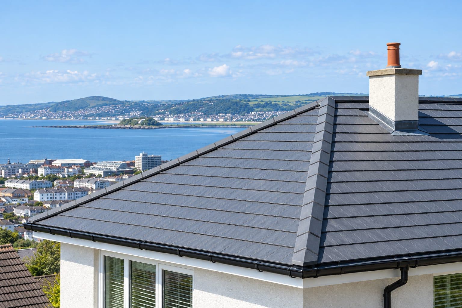 A tiled house roof overlooking the bay